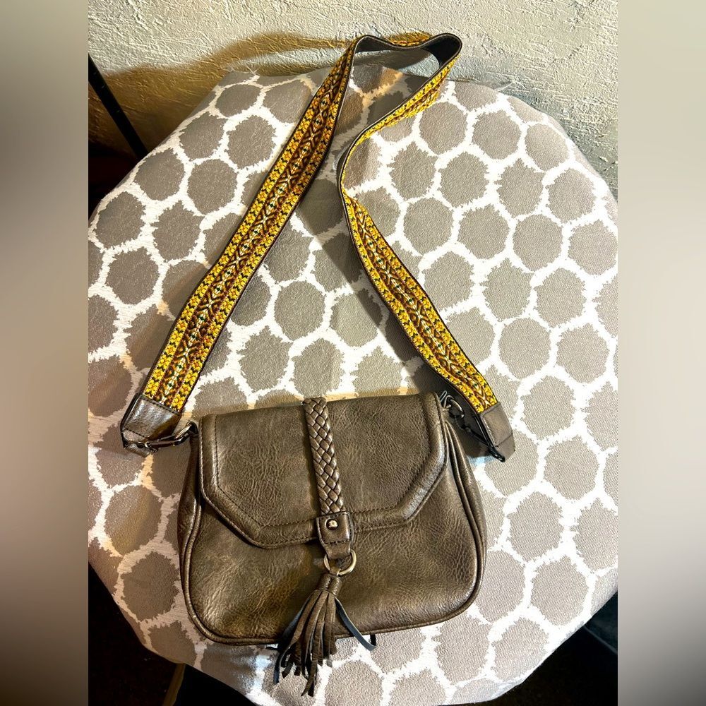 Antik Kraft Brown and Yellow Crossbody Bag with Tassel Detail and guitar strap